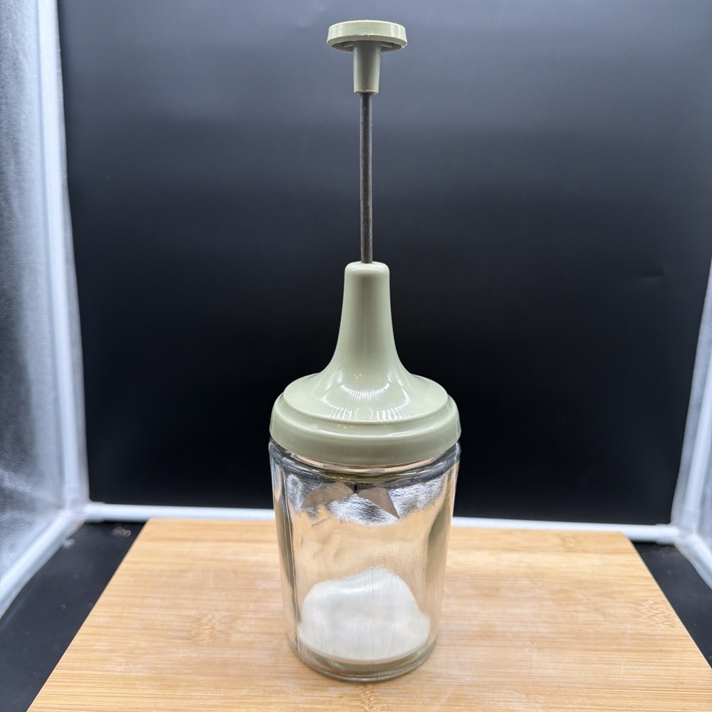 Vintage ACME Press & Chop Glass USA Avocado Green Food Nut Chopper 12 oz